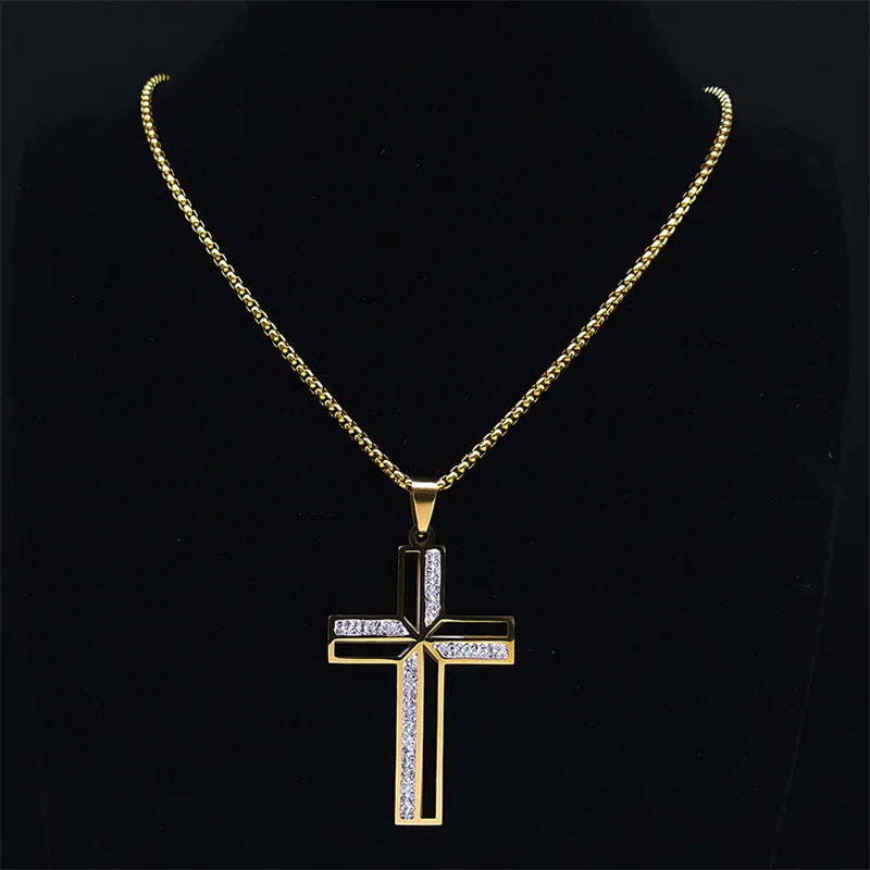 Catholic Open Cross Rhinestone Pendant Necklace — Stainless Steel