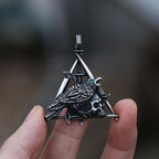 Gothic Bird & Skull Triangle Pendant — Green Eye, Stainless Steel