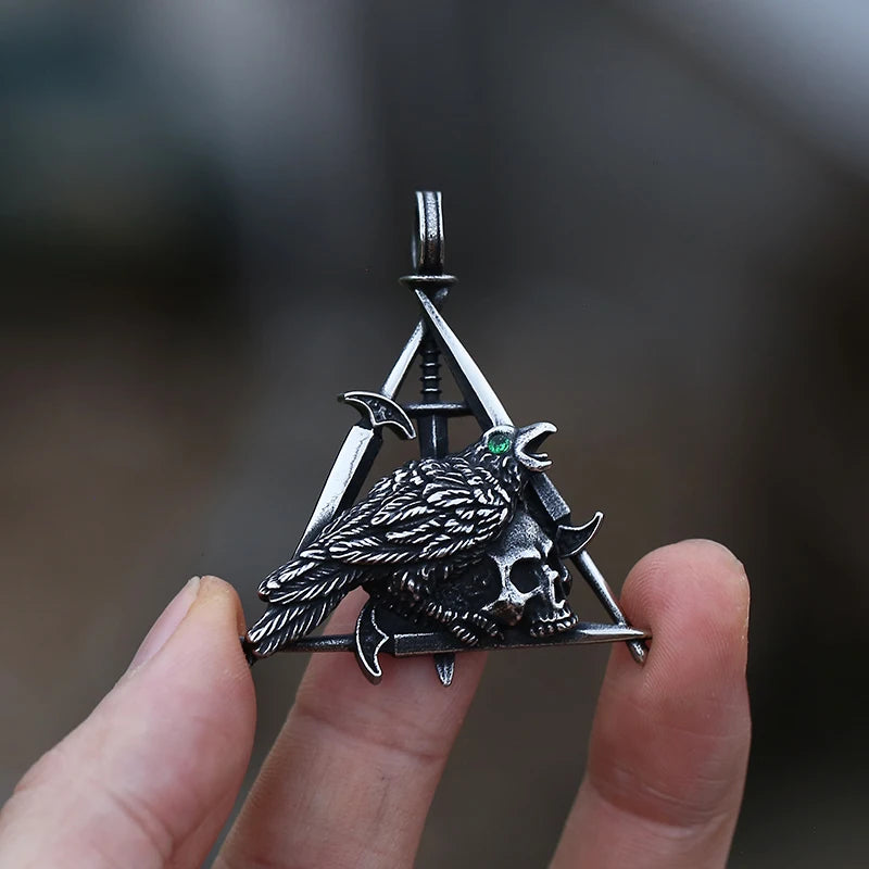 Gothic Bird & Skull Triangle Pendant — Green Eye, Stainless Steel
