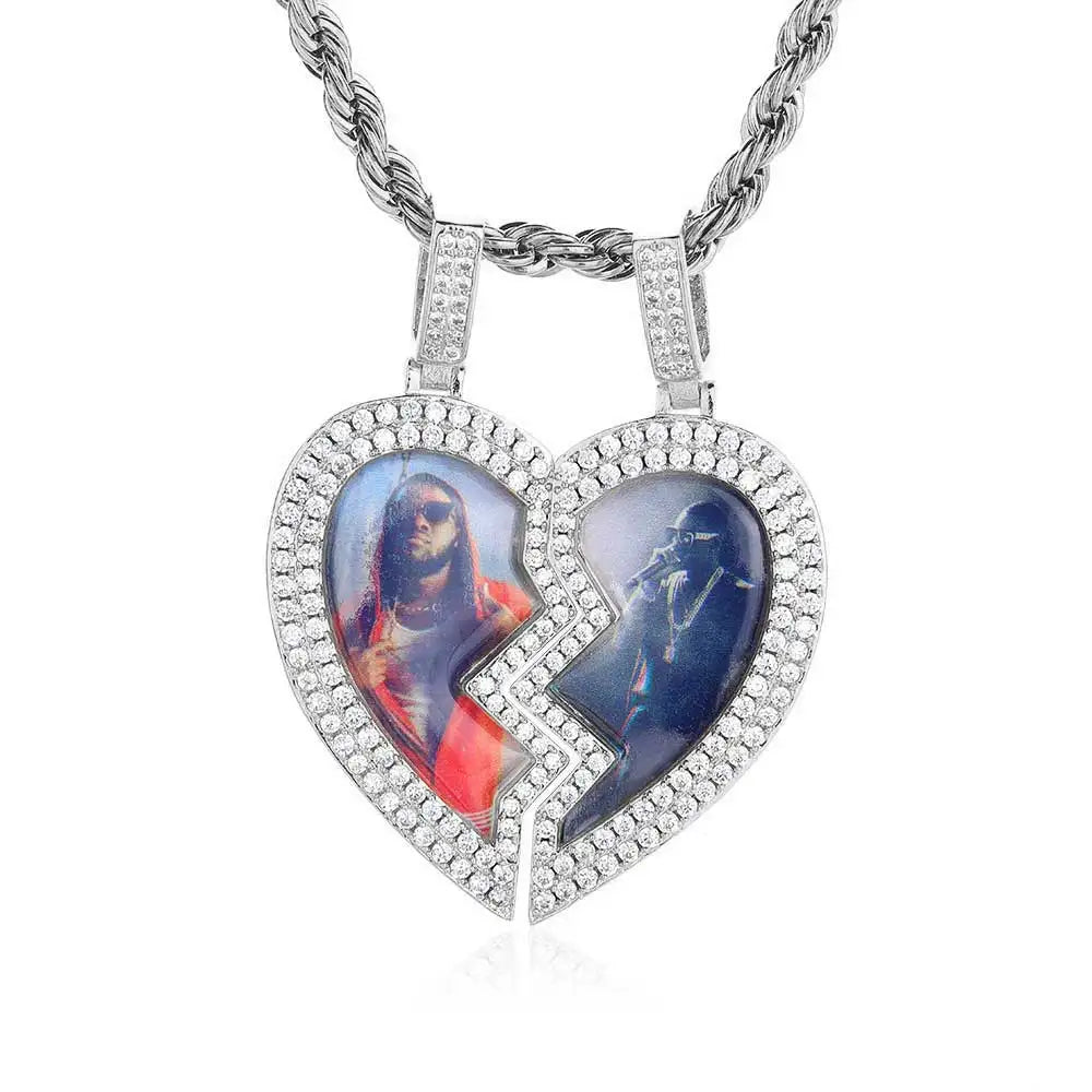Iced Out Heart Photo Pendant Necklace