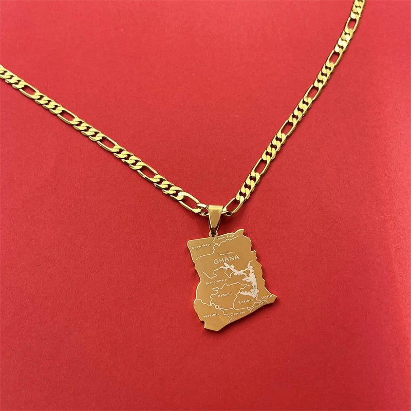 Ghana Map Pendant Necklace Laser Carved African Style — Gold-Tone