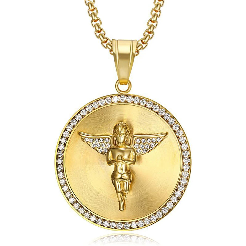 Iced Out Big Angel Round Pendant Necklace — Gold, Stainless Steel