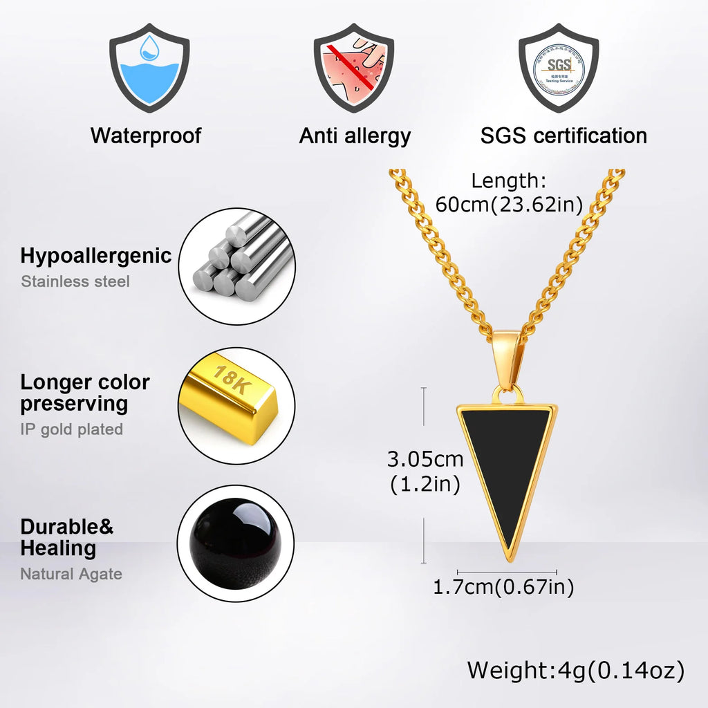 Black Agate Triangle Pendant — Stainless