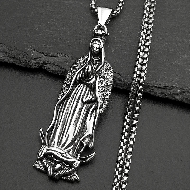 Virgin Mary Guadalupe Rhinestone Necklace — Stainless Steel