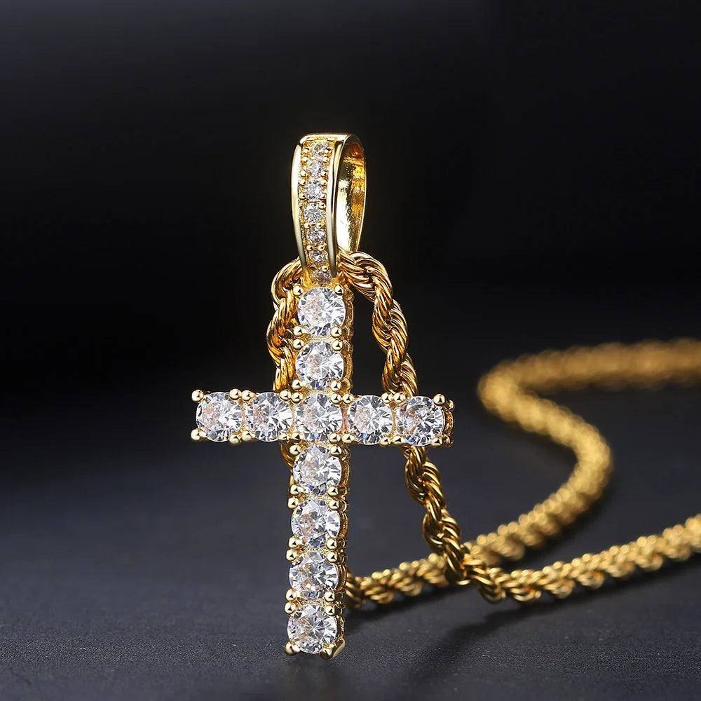 Cross Pendant Rope Chain Necklace Iced Out CZ