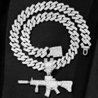 Men Women 14MM Cuban Chain AK47 Gun Pendant Necklace Iced Out AAA Rhinestone Prong Miami Cuban Link Chain Hip Hop