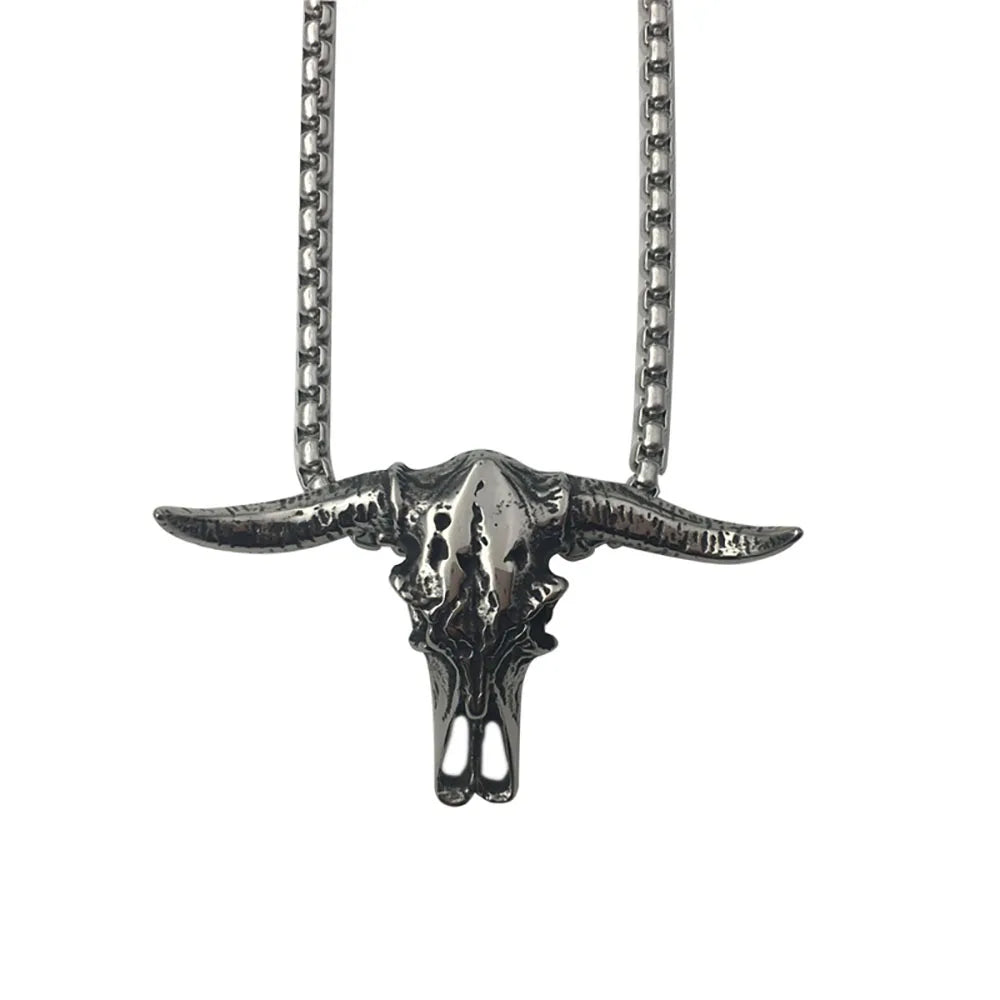 Vintage Stainless Steel Bull Head Skull Pendant Necklace Men Biker Animal Skull Bull Necklace Gothic Jewelry Gift