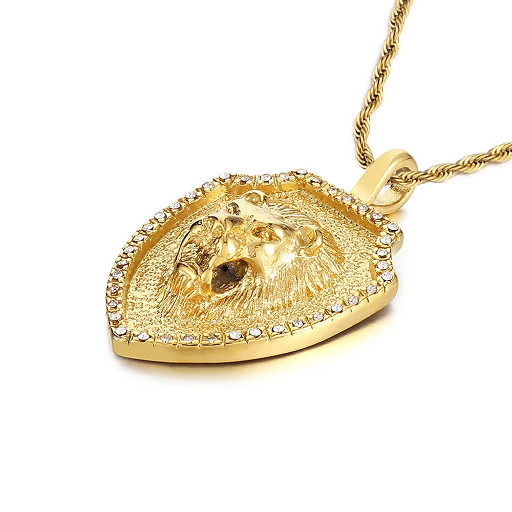 Lion Head Shield Pendant Necklace — Stainless Steel