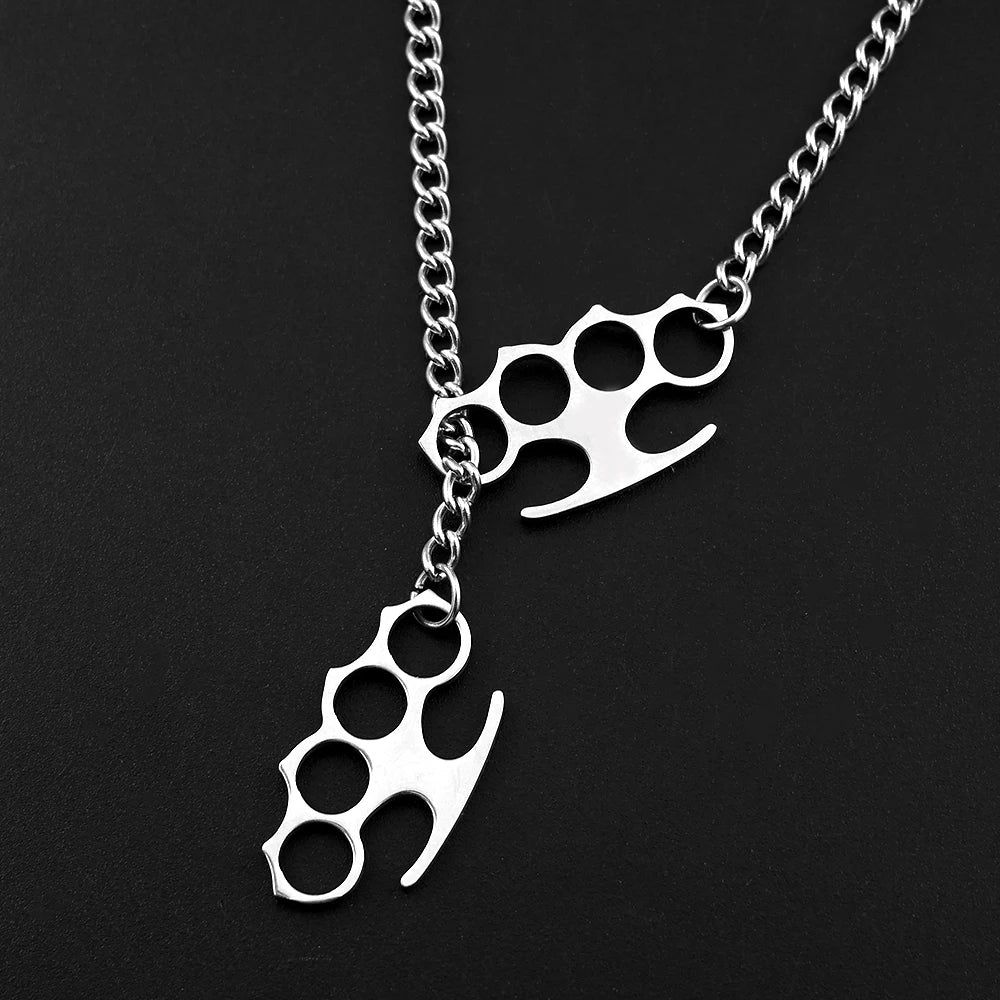 Hip Hop Stainless Steel Knuckles Necklace Black Y‑Shape Chain Knuckle Duster Necklace for Men Women Punk Streetwear