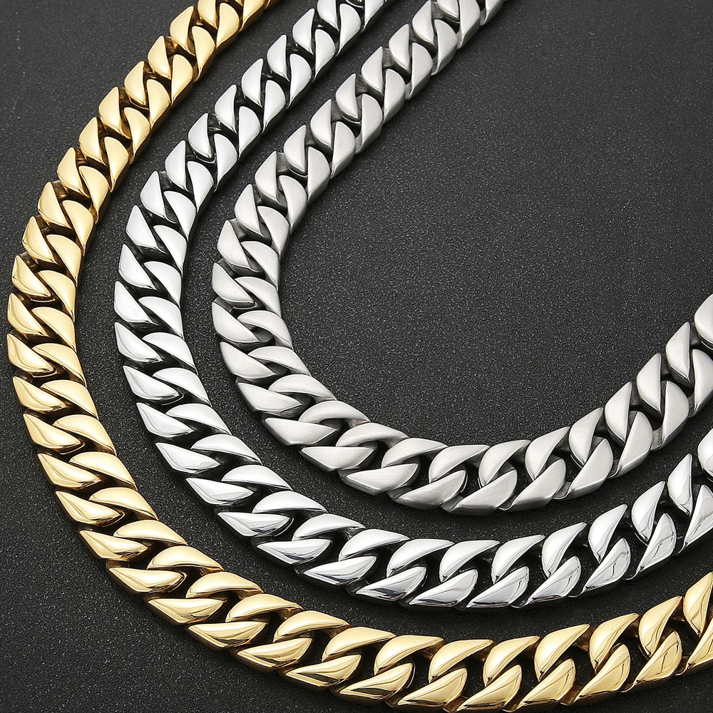 Mens Necklaces Brushed Gold Color Stainless Steel 20MM Wide Curb Chain Tight Cuban Link HipHop Neck Chains for Men