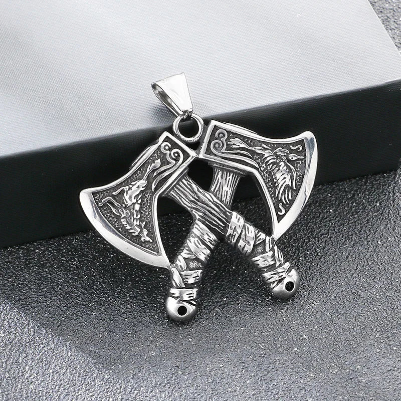 Stainless Steel Viking Axe Pendant Necklace for Men Vintage Norse Double Axe Wolf Head Amulet Necklaces Punk Gothic