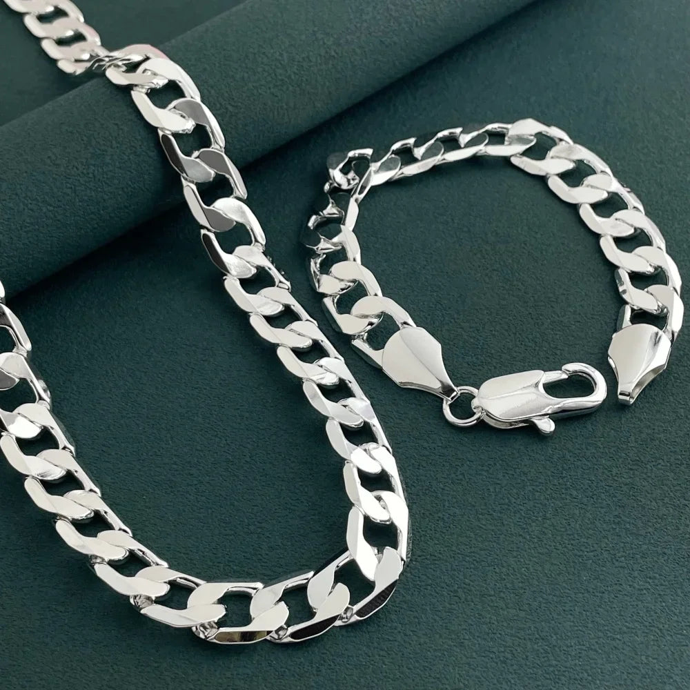 Side Chain Bracelet Necklace Set 12mm — Silver-Tone