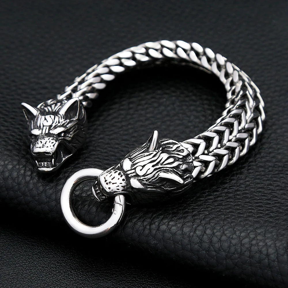 Double Wolf Head Bracelet — Stainless Steel