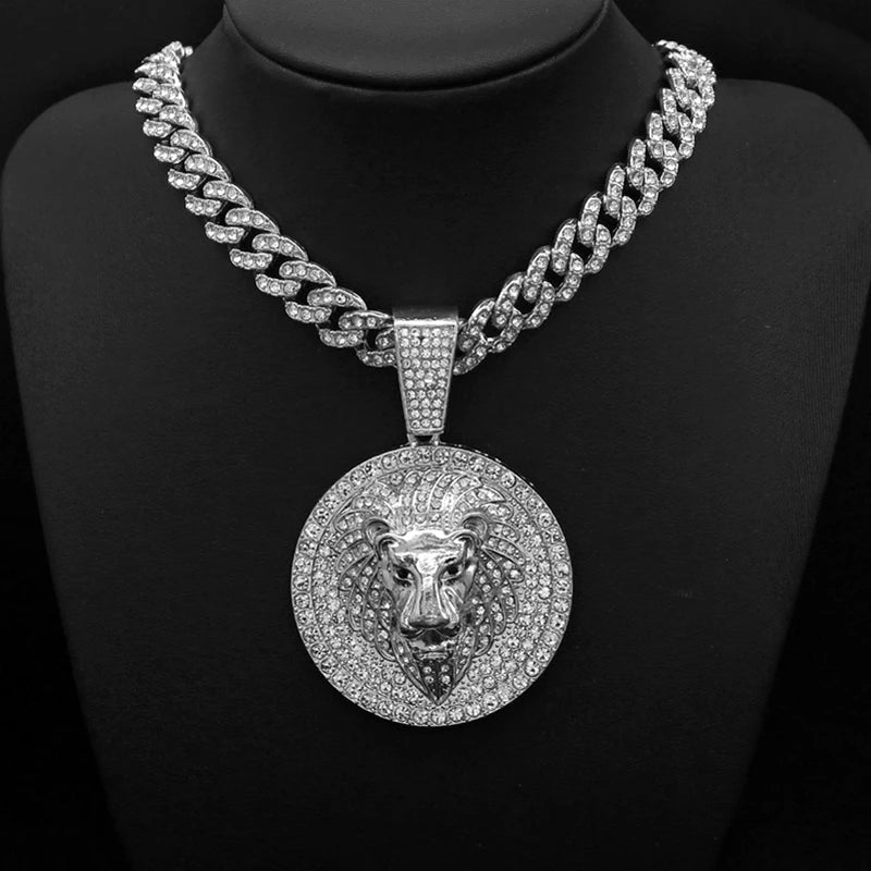 Hip Hop Big Lion Head Pendant Necklace Cuban Chain Necklace For Women Men Iced Out Full Rhinestone Necklace Jewelry