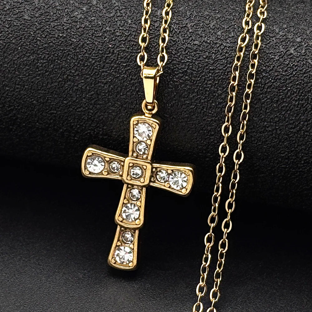 Gold-Tone Jesus Cross Rhinestone Necklace — Stainless Steel