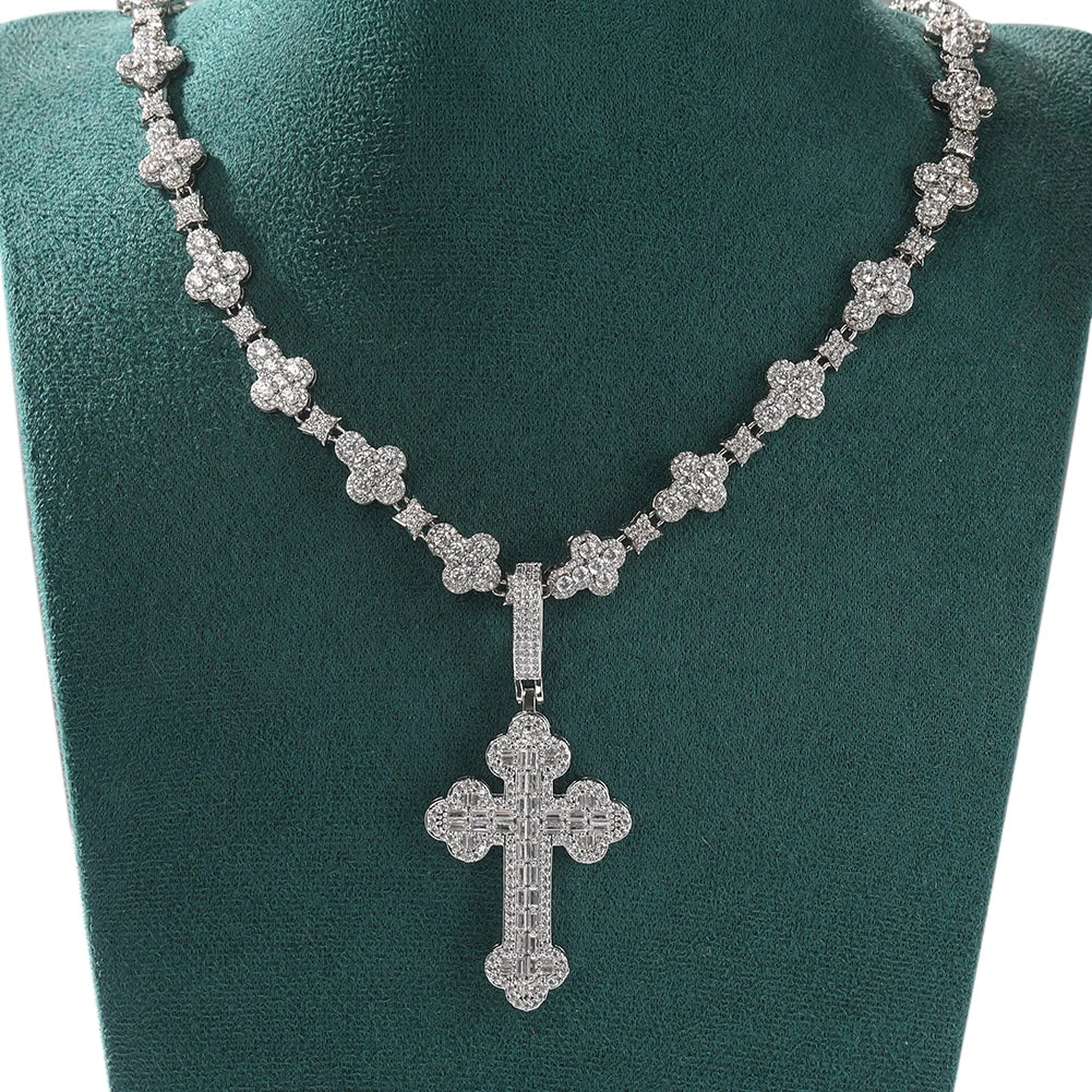 THE BLING KING Iced Out Cross Star Link Chain Baguettecz Cubic Zirconia Cross Pendant Necklace Charm Fashion Hiphop Jewelry