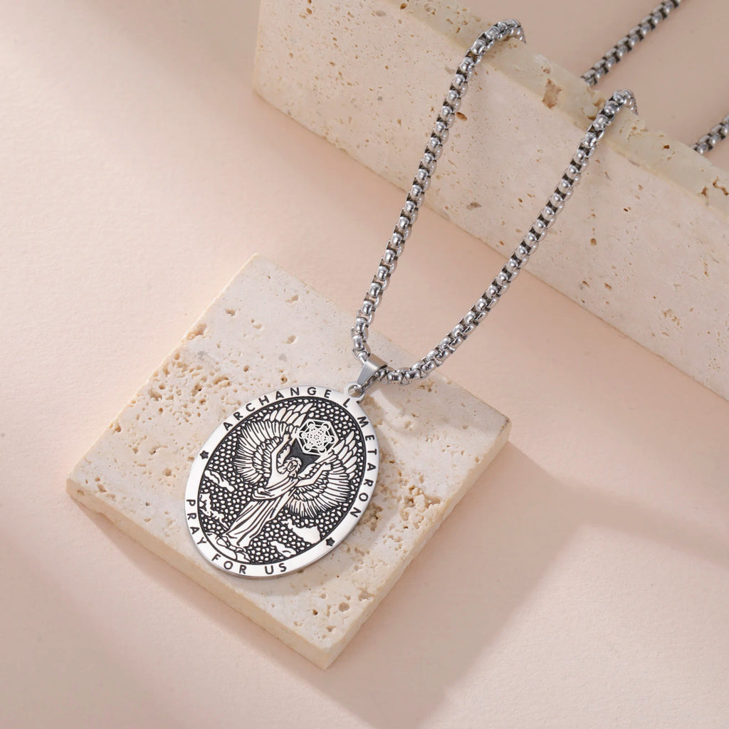 Retro Saint Religious Necklaces for Women Men Archangel Metatron Pendant Patron Saint Amulet Medal Religion Religious
