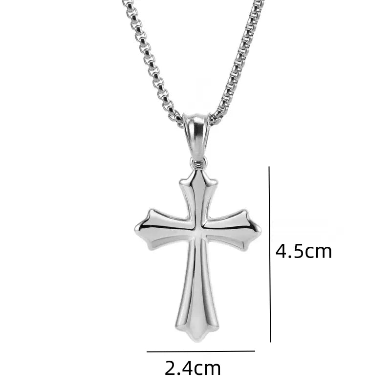 Geometric Cross Pendant Sweater Chain Necklace — Stainless Steel
