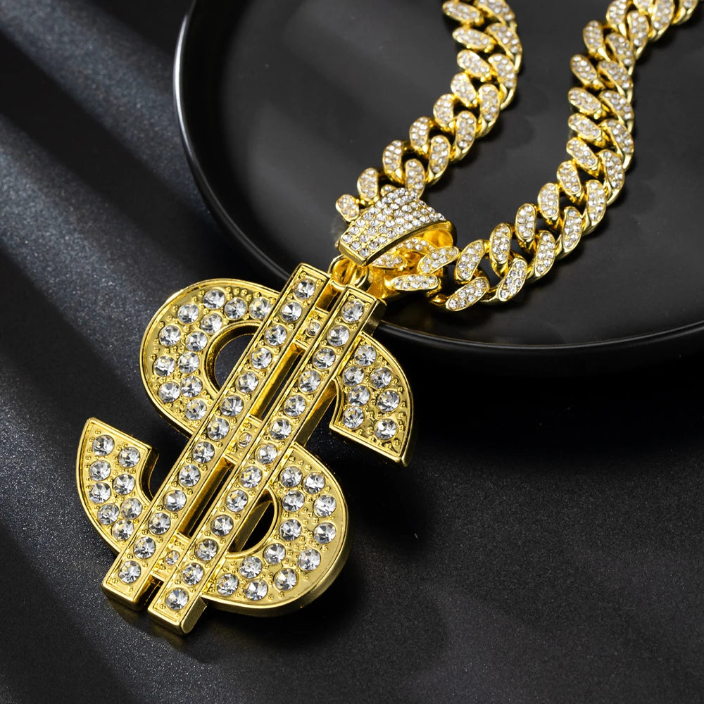 Fashion Hip Hop Dollar Pendant Necklace with 13mm Cuban Chain US Dollar Money Sign Necklaces Rap Rock Punk Jewelry For
