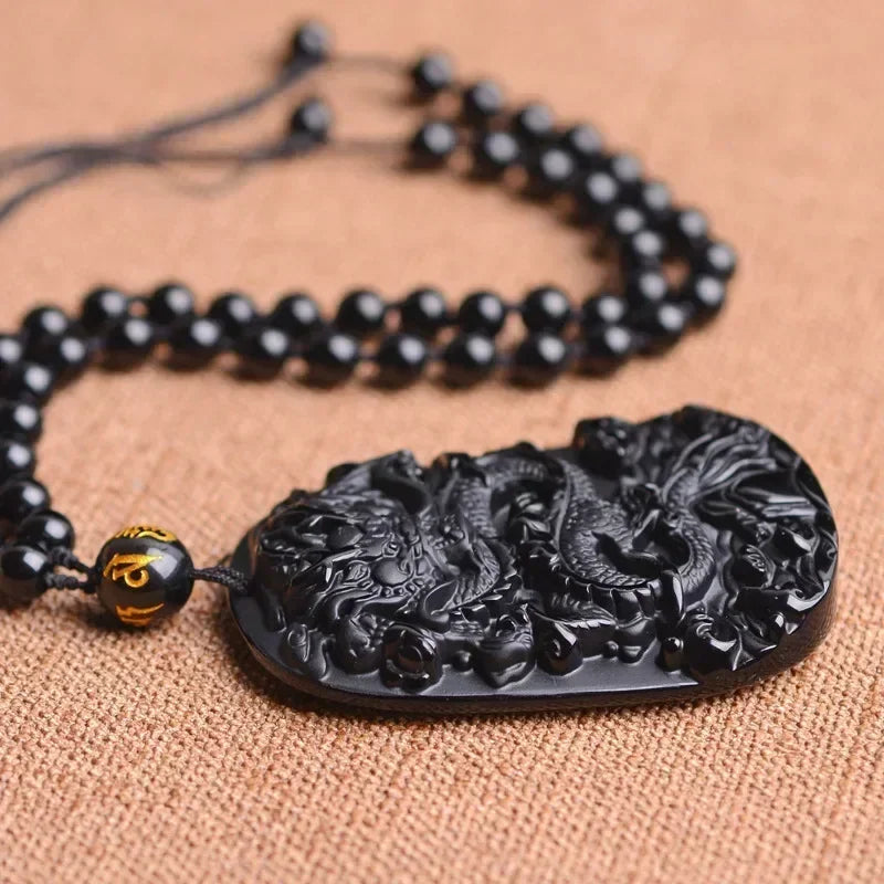 Vintage Natural Obsidian Dragon Pendant Necklace Zodiac Dragon Carved Chinese Mascot Amulet Lucky Men Necklace
