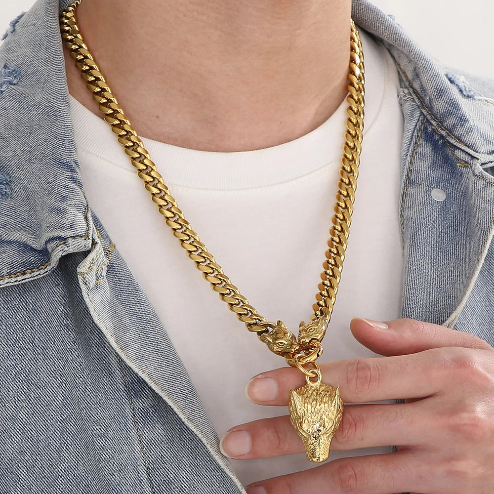 Curb Link Chain Men's Neck Necklaces for Man Gold Color Stainless Steel Wolf Head Man Pendant Necklace 65CM Long Viking