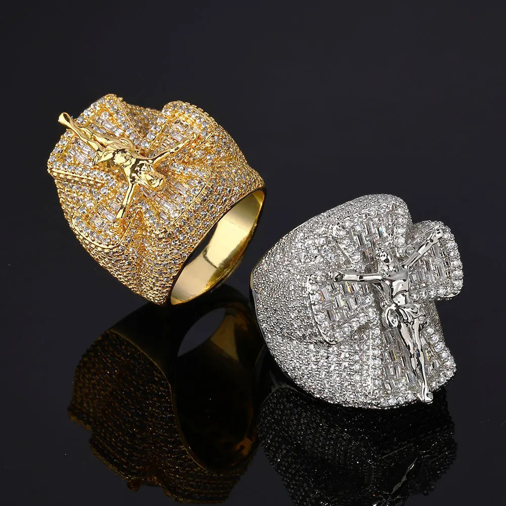 Iced Out Cross Jesus Ring Stainless Steel CZ