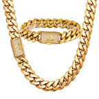 HHIOK Gold Plated Stainless Steel Cuban Chain Set Brass Zircon A Letter Diamond Clasp Men Hip Hop Miami Necklace