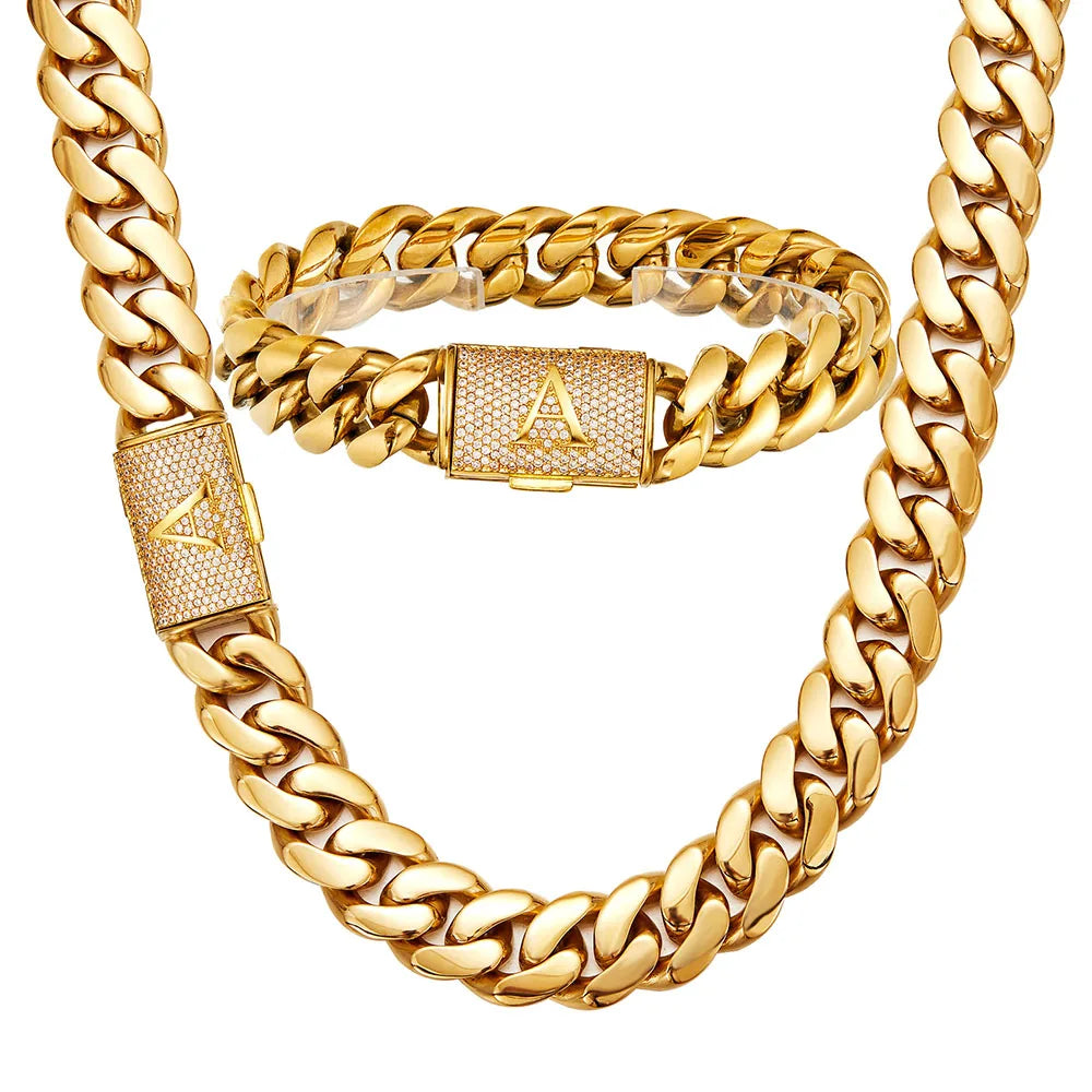 HHIOK Gold Plated Stainless Steel Cuban Chain Set Brass Zircon A Letter Diamond Clasp Men Hip Hop Miami Necklace