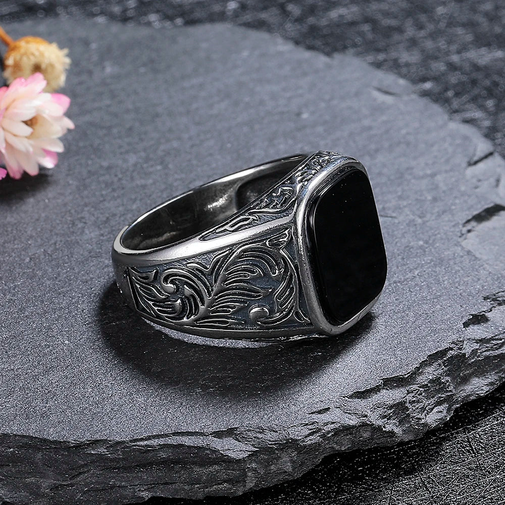 Masculine Black Agate Ring 12x14mm, Mens Vintage Sterling Silver Fine Jewelry, Wedding Band Gift for Him
