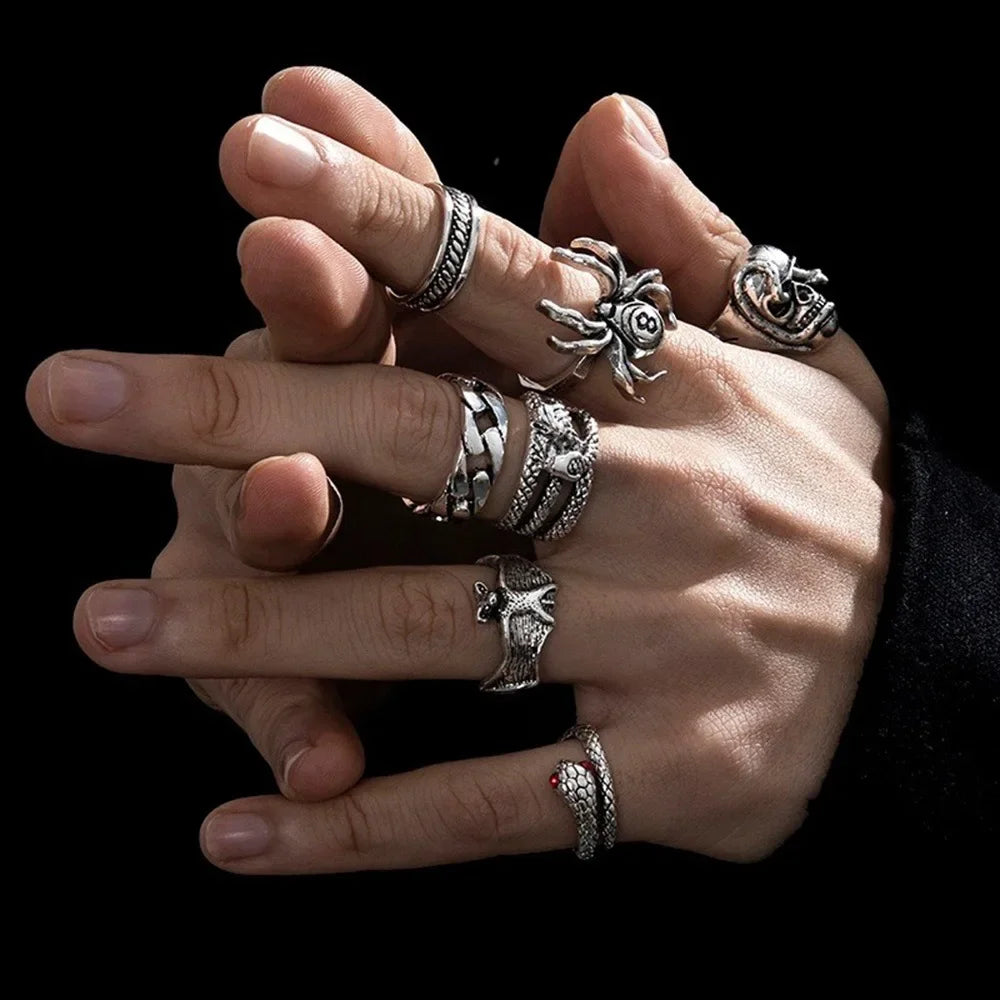 Spider Bat Skull Snake Ring Set — Stainless Steel