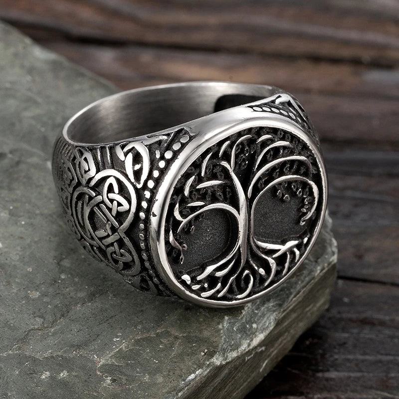 Viking Tree Of Life Ring 316L Stainless Steel Distressed Grey Norse Mythology Symbol Retro Hip Hop Men Hand Jewelry For Male Hot