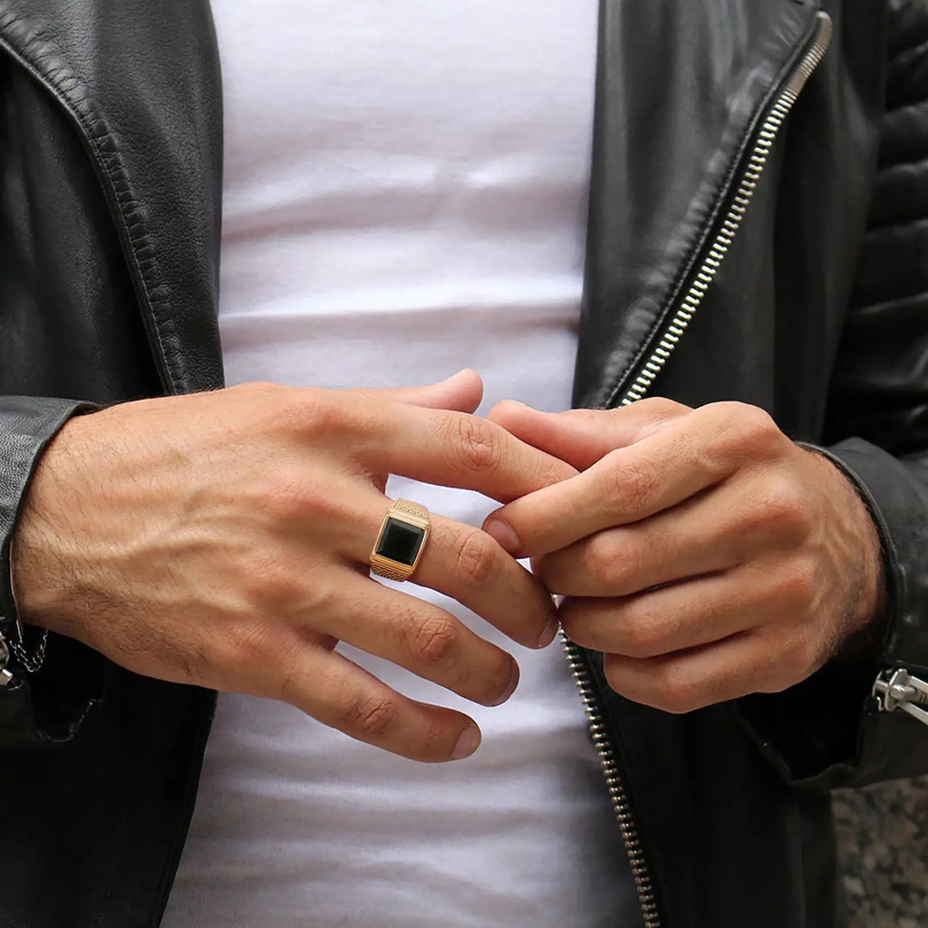 Black Stone Gold Signet Ring — Stainless Steel