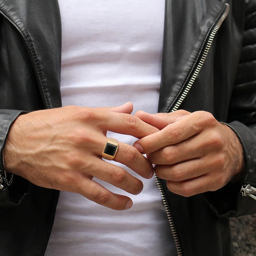 Black Stone Gold Signet Ring — Stainless Steel