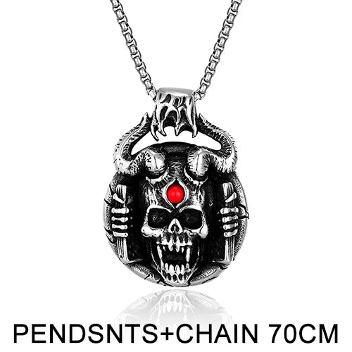 Vintage Horned Satan Skull Pendant Necklace — Stainless Steel