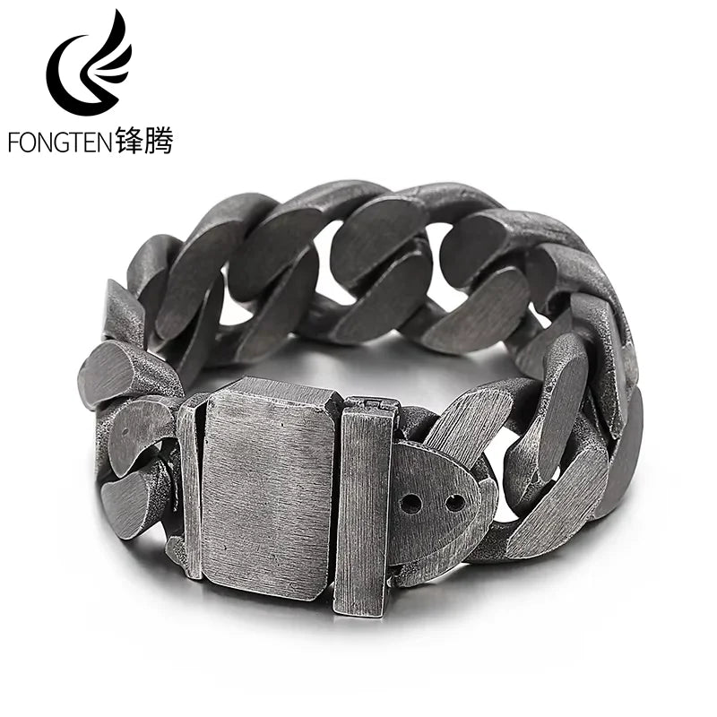 Fongten Heavy Black Metal Punk Wide Cuban Link Chain Men Bracelet Stainless Steel Fashion Biker Male Accessories