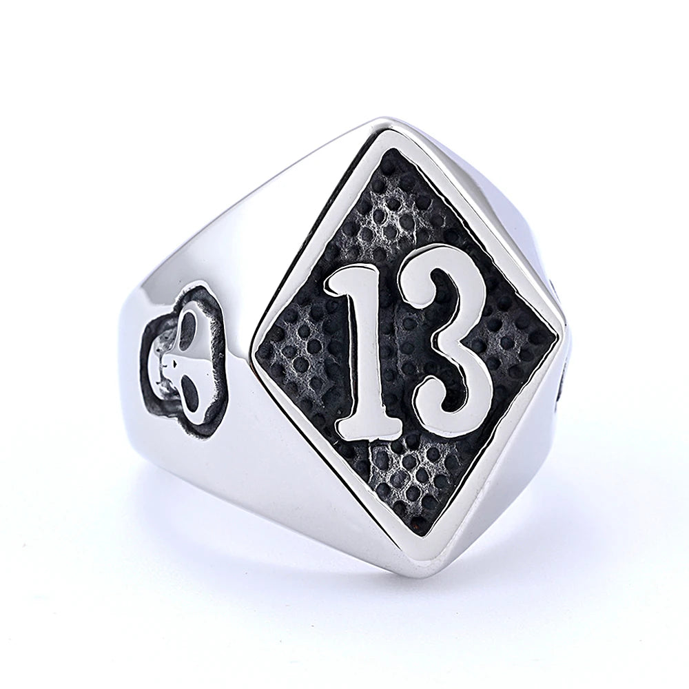 Lucky 13 & 7 Skull Biker Ring for Men — Stainless Steel