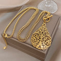 Greatera Vintage Embossment Teardrop Pendant Necklace For Women Men Chic Hollow Artistic Design Stainless Steel Jewelry Party