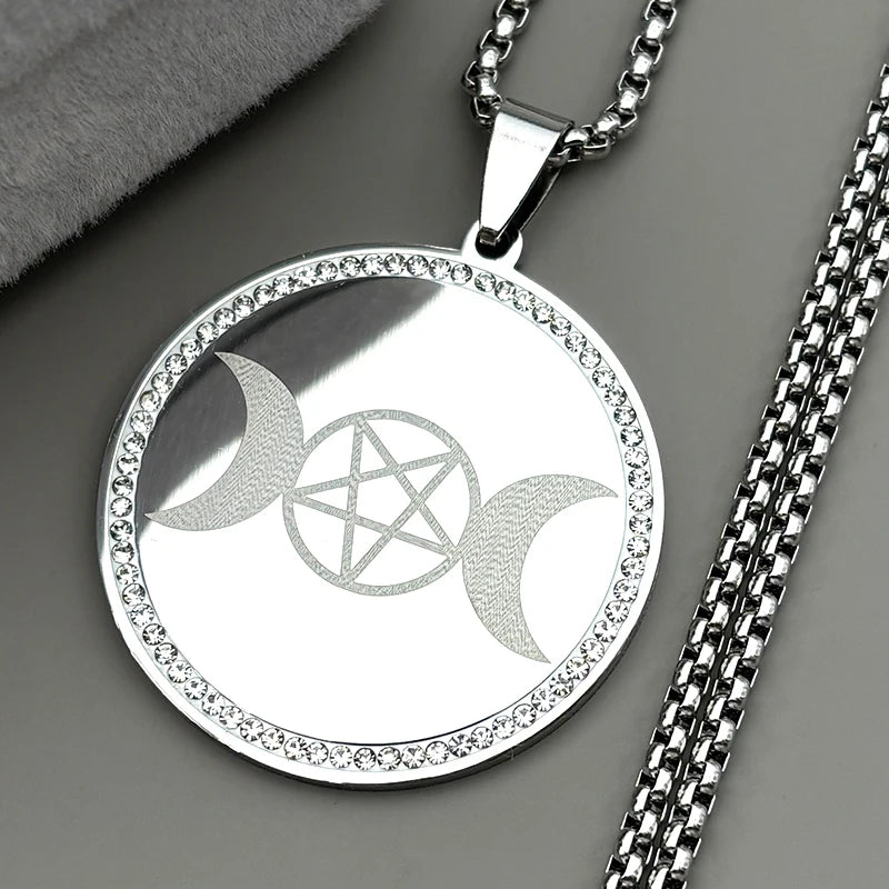 Star Moon Gold Pendant Goddess Triple Pentagram
