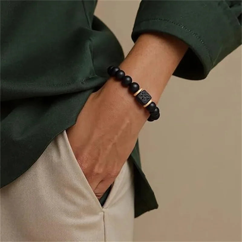 Adjustable Elastic Beaded Bracelet 8mm Round Beads — Black-Tone
