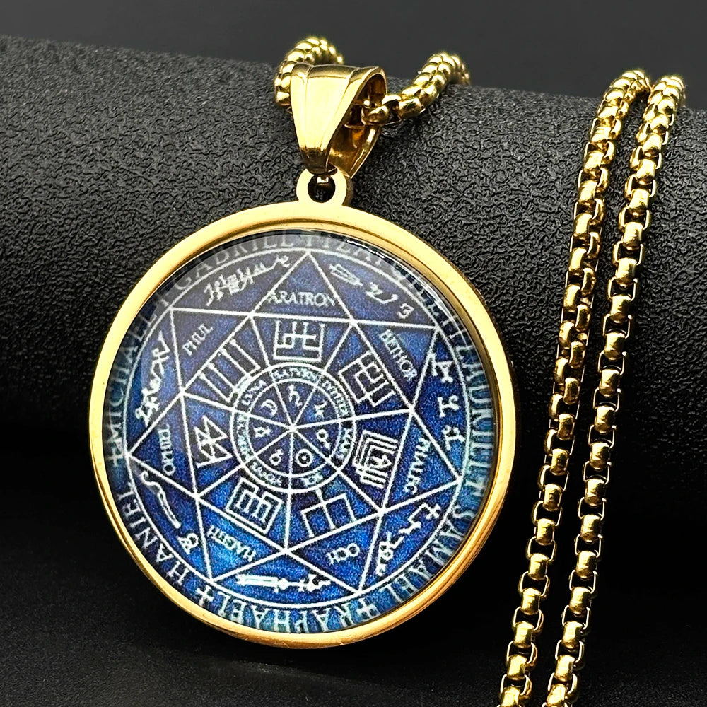 Seven Archangels Glass Medal Angel Pendant Necklace for Women Men Stainless Steel Seal of Solomon Protection Chain