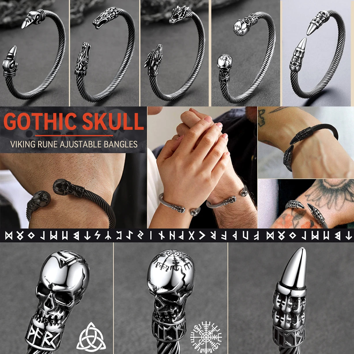U7 Stainless Steel 6mm Wide Twristed Cable Open Bangle Cuff for Man Skull Dragon Long Charm End Rock Gothic Punk Jewelry Gift