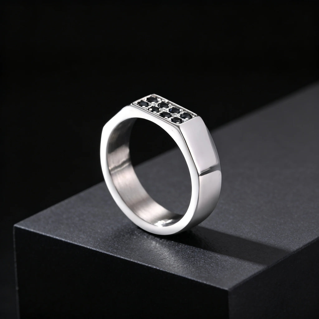 Men's Black Zircon Stainless Steel Ring, High Polished Silver Color Chunky Square Signet Ring, Punk Fashion Jewelry US