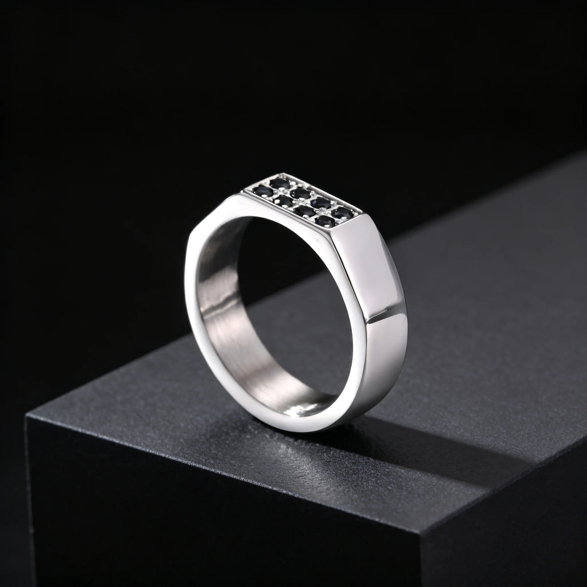 Men's Black Zircon Stainless Steel Ring, High Polished Silver Color Chunky Square Signet Ring, Punk Fashion Jewelry US