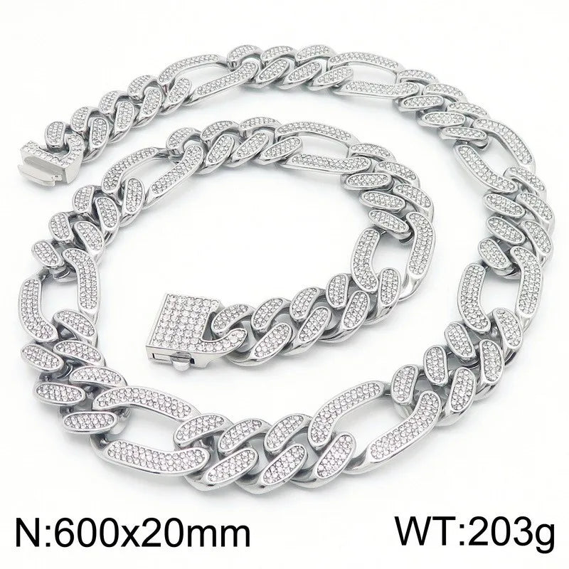Hip-Hop Jewelry CZ Cuban Chain Man Bracelet Necklace Set Luxury Gold Color 60CM Long Stainless Steel Men's Necklace &