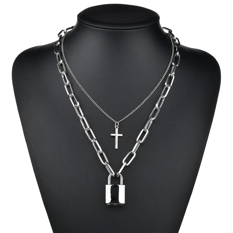 Fashion Chain Link Choker Heart Lock Cross Necklace Pendant For Women Men Silver Color Goth Jewelry Party Punk Long Necklaces