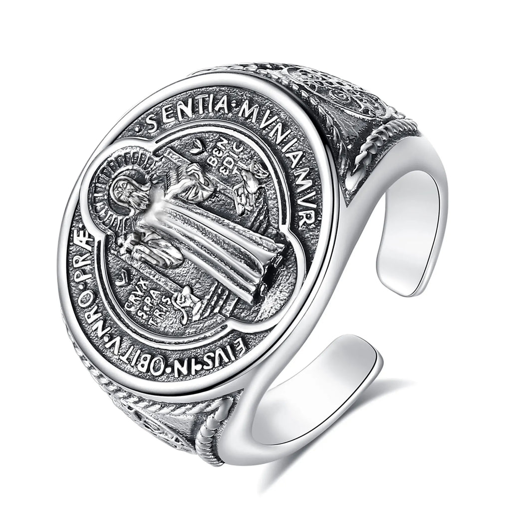 Eudora 925 Sterling Silver Saint Benedict Medal Adjustable Ring San Benito Cross Amulet Religious Jewelry Gift for Men Women