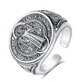 Eudora 925 Sterling Silver Saint Benedict Medal Adjustable Ring San Benito Cross Amulet Religious Jewelry Gift for Men Women