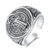 Silver-Tone Saint Benedict Cross Ring — Adjustable