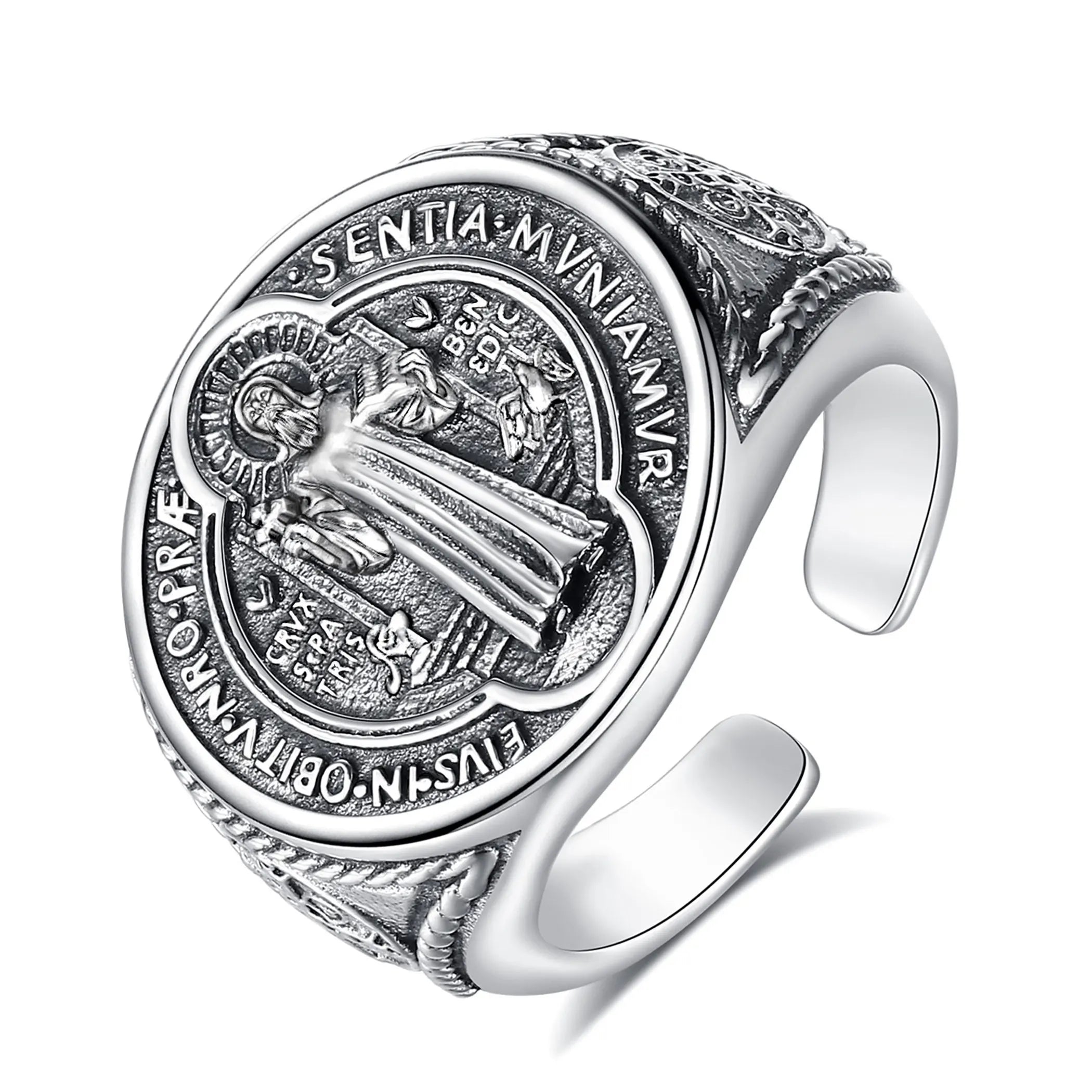 Eudora 925 Sterling Silver Saint Benedict Medal Adjustable Ring San Benito Cross Amulet Religious Jewelry Gift for Men Women