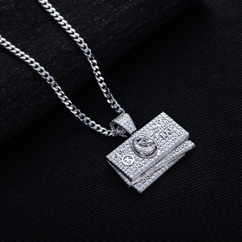 Iced Out Dollar Bill Pendant — 925 Silver